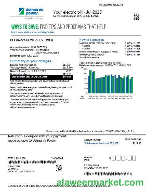 USA Delmarva Power utility bill template in Word and PDF formats, version 3